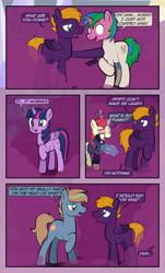 Size: 1920x3169 | Tagged: safe, artist:alexdti, moondancer, twilight sparkle, oc, oc:brainstorm (alexdti), oc:dark purple, oc:purple creativity, oc:star logic, alicorn, pegasus, pony, unicorn, comic:quest for friendship, g4, blue eyes, blushing, comic, crying, dialogue, eye contact, female, folded wings, glowing, glowing horn, green eyes, high res, hooves, horn, lidded eyes, looking at each other, looking at someone, looking back, magic, male, mare, multicolored mane, multicolored tail, offscreen character, onomatopoeia, open mouth, open smile, pegasus oc, purple eyes, raised hoof, shadow, shrunken pupils, smiling, speech bubble, stallion, standing, tail, tears of pain, telekinesis, twilight sparkle (alicorn), two toned mane, two toned tail, unicorn oc, wall of tags, wings, wiping tears