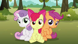 Size: 1280x720 | Tagged: safe, screencap, apple bloom, scootaloo, sweetie belle, earth pony, pegasus, pony, unicorn, g4, season 6, the fault in our cutie marks, adorabloom, cute, cutealoo, cutie mark crusaders, cutie mark cuties, diasweetes, female, filly, foal, looking at you