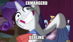 Size: 800x467 | Tagged: safe, edit, edited screencap, screencap, rarity, pony, unicorn, g4, caption, ermahgerd, faic, female, image macro, mare, rarity is best facemaker, solo, text, why i'm creating a gown darling