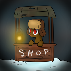 Size: 2000x2000 | Tagged: safe, artist:pizzamovies, oc, oc only, oc:copper caps, earth pony, pony, ashes town, high res, lantern, male, merchant, simple background, snow