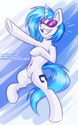 Size: 600x960 | Tagged: safe, artist:shad0w-galaxy, dj pon-3, vinyl scratch, pony, unicorn, g4, belly button, cute, female, grin, mare, raised hoof, smiling, solo, vinyl's glasses, vinylbetes