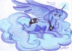 Size: 7015x4960 | Tagged: safe, artist:darkaudi1728, princess luna, alicorn, pony, absurd resolution, cloud, female, hoof on chin, lidded eyes, looking at you, lying down, lying on a cloud, mare, on a cloud, smiling, smiling at you, solo, traditional art