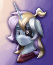 Size: 1300x1600 | Tagged: safe, artist:vezja, oc, pony, unicorn, abstract background, bust, clothes, disembodied head, eyepatch, horn, looking down, one ear down, ponytail, portrait, sad, simple background, sweater