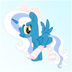 Size: 1024x1024 | Tagged: safe, artist:riofluttershy, oc, oc only, oc:fleurbelle, alicorn, pony, :s, adorabelle, alicorn oc, blue background, blushing, bow, butt, clothes, cute, featureless crotch, female, hair bow, hooves, horn, looking back, mare, ocbetes, one wing out, outline, plot, raised leg, show accurate, simple background, socks, standing, striped socks, tail, two toned mane, two toned tail, wavy mouth, white outline, wings, yellow eyes