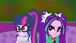 Size: 2000x1125 | Tagged: safe, artist:bigpurplemuppet99, aria blaze, sci-twi, twilight sparkle, equestria girls, g4, abstract background, clothes, duo, female, gem, glasses, gritted teeth, hair accessory, lesbian, pigtails, ponytail, shipping, sparkleblaze, twintails, worried
