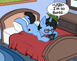 Size: 1280x1024 | Tagged: safe, artist:sabrib, oc, oc:tinker doo, pony, bed, bored, dialogue, glasses, nintendo switch, solo