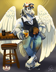 Size: 765x990 | Tagged: safe, oc, oc only, oc:steamworks, pegasus, anthro, alcohol, anthro oc, clothes, male, pegasus oc, stallion, stool, vest, whiskey, workbench