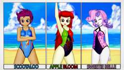 Size: 1920x1080 | Tagged: safe, artist:ratachu666, apple bloom, scootaloo, sweetie belle, equestria girls, 3d, beach, clothes, cutie mark crusaders, koikatsu, looking at you, one eye closed, one-piece swimsuit, swimsuit, trio, wink, winking at you