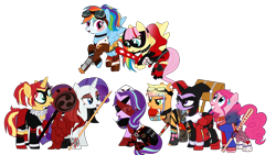 Size: 9283x5244 | Tagged: safe, artist:idkhesoff, applejack, fluttershy, pinkie pie, rainbow dash, rarity, starlight glimmer, sunset shimmer, twilight sparkle, alicorn, earth pony, pegasus, pony, unicorn, absurd resolution, alternate hairstyle, bandage, baseball bat, batman ninja, belt, blindfold, bomber jacket, boots, choker, clothes, corset, cosplay, costume, crossover, dc bombshells, dc comics, dc future slate, dress, ear piercing, earring, eyeshadow, face paint, female, fingerless gloves, fishnets, flying, future slate, gloves, goggles, grenade, grin, gun, hammer, handgun, harley quinn, hat, jacket, javelin, jewelry, knee pads, knife, lipstick, makeup, mallet, mane six, mare, mask, needle, nurse hat, nurse outfit, piercing, pistol, play arts kai, playing card, raised hoof, ripped stockings, roller skates, shoes, shorts, simple background, sitting, skirt, smiling, sneakers, socks, spiked choker, spread wings, stockings, suicide squad, syringe, tanktop, tattoo, the lego batman movie, the suicide squad, thigh highs, torn clothes, torn socks, transparent background, twilight sparkle (alicorn), voice actor joke, wall of tags, weapon, wings