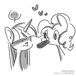 Size: 1080x1080 | Tagged: safe, artist:piaojun55154, pinkie pie, twilight sparkle, g4, dot eyes, duo, female, food, lesbian, mare, monochrome, pocky, pocky game, ship:twinkie, shipping, simple background, white background