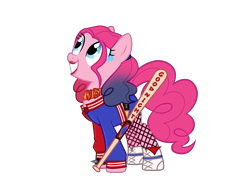 Size: 3636x2685 | Tagged: safe, artist:idkhesoff, derpibooru exclusive, pinkie pie, earth pony, pony, g4, alternate hairstyle, baseball bat, belt, boots, choker, clothes, cosplay, costume, crossover, dc comics, eyeshadow, female, fishnets, grin, harley quinn, high res, jacket, lipstick, makeup, mare, pinkie quinn, shoes, shorts, simple background, smiling, sneakers, solo, transparent background