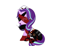 Size: 3636x2685 | Tagged: safe, artist:idkhesoff, derpibooru exclusive, starlight glimmer, pony, unicorn, g4, alternate hairstyle, belt, blindfold, boots, clothes, corset, cosplay, costume, crossover, dc comics, female, gloves, harley quinn, hat, high res, lipstick, makeup, mare, needle, nurse, nurse hat, nurse outfit, play arts kai, raised hoof, shoes, simple background, sitting, skirt, socks, solo, stockings, syringe, thigh highs, transparent background