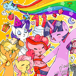 Size: 1080x1080 | Tagged: safe, artist:piaojun55154, applejack, fluttershy, pinkie pie, rainbow dash, rarity, twilight sparkle, earth pony, pegasus, pony, unicorn, g4, cake, chibi, food, horn, mane six, mlp fim's eleventh anniversary, present, rainbow trail