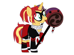 Size: 3636x2685 | Tagged: safe, artist:idkhesoff, derpibooru exclusive, sunset shimmer, pony, g4, alternate hairstyle, batman ninja, boots, clothes, cosplay, costume, crossover, dc comics, dress, female, gloves, hammer, harley quinn, high res, lipstick, makeup, mallet, mare, mask, raised hoof, shoes, simple background, skirt, solo, transparent background