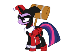 Size: 3636x2685 | Tagged: safe, artist:idkhesoff, derpibooru exclusive, twilight sparkle, alicorn, pony, g4, alternate hairstyle, bodysuit, boots, clothes, cosplay, costume, crossover, dc comics, female, gloves, hammer, harley quinn, high res, jester, makeup, mallet, mare, mask, shoes, simple background, solo, tara strong, transparent background, twilight sparkle (alicorn), voice actor joke