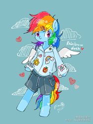 Size: 1080x1440 | Tagged: dead source, safe, artist:piaojun55154, rainbow dash, pegasus, semi-anthro, g4, arm hooves, blue background, clothes, female, mare, shorts, simple background, solo