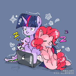 Size: 1080x1080 | Tagged: dead source, safe, artist:piaojun55154, pinkie pie, rarity, spike, twilight sparkle, dragon, earth pony, pony, g4, blue background, chest fluff, chibi, computer, female, laptop computer, mare, onomatopoeia, plushie, pony plushie, rarity plushie, simple background, sleeping, sound effects, trio, zzz