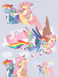 Size: 1068x1405 | Tagged: safe, artist:wanderingpegasus, fluttershy, rainbow dash, pegasus, pony, g4, alternate hairstyle, animal crossing, blue background, blushing, braiding, chest fluff, cloud, cute, dashabetes, doom, doom eternal, duo, eyes closed, female, flying, friendshipping, grin, mare, markings, redesign, shyabetes, simple background, size difference, smiling, unshorn fetlocks