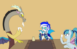 Size: 1124x711 | Tagged: safe, artist:crock2121, discord, sonata dusk, oc, oc:ivislor, oc:ivislor odzi, cyborg, cyborg pony, draconequus, pony, robot, robot pony, equestria girls, g4, board game, cape, card, clothes, commission, commissioner:iv's, disguise, disguised siren, equestria girls ponified, ponified, simple background