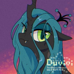 Size: 2000x2000 | Tagged: safe, artist:duvivi, queen chrysalis, changeling, changeling queen, g4, bust, chromatic aberration, crown, eye clipping through hair, female, floppy ears, hair over one eye, high res, jewelry, lidded eyes, looking at you, portrait, regalia, smiling, smiling at you, solo