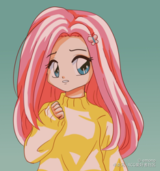 Size: 1500x1600 | Tagged: dead source, safe, artist:emono, fluttershy, human, g4, 80s, anime, clothes, cute, female, hairpin, humanized, shyabetes, solo, sweater, sweatershy, turtleneck