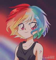 Size: 1500x1600 | Tagged: safe, artist:emono, rainbow dash, human, 80s, anime, anime style, bare shoulders, clothes, cute, cutie mark tattoo, dashabetes, humanized, looking at you, multicolored hair, rainbow hair, short hair, sleeveless, smiling, solo, tanktop, tattoo