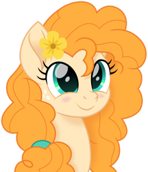 Size: 1280x1479 | Tagged: safe, artist:cloudy glow, pear butter, earth pony, pony, g4, cute, female, flower, flower in hair, looking up, mare, movie accurate, pearabetes, simple background, smiling, solo, transparent background, vector