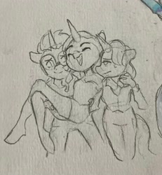 Size: 1962x2123 | Tagged: dead source, safe, artist:scribleydoodles, starlight glimmer, sunburst, trixie, unicorn, anthro, g4, bisexual, carrying, female, lesbian, male, polyamory, ship:startrixburst, shipping, straight, traditional art, trio, two person arm carry