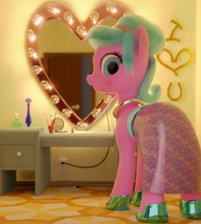 Size: 1932x2160 | Tagged: safe, artist:gabe2252, coral shine, earth pony, pony, 3d, blender, blender cycles, horseshoes, makeup, mirror, perfume