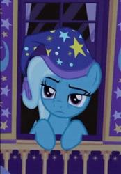 Size: 346x497 | Tagged: safe, screencap, trixie, pony, unicorn, g4, season 6, to where and back again, bags under eyes, cropped, female, hat, mare, nightcap, solo, tired, trixie's nightcap, trixie's wagon, wagon