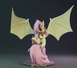 Size: 1230x1080 | Tagged: safe, artist:tinybenz, fluttershy, bat pony, pony, g4, 3d, animated, apple, bat ponified, craft, cute, flutterbat, food, hoof heart, large wings, no sound, perfect loop, race swap, sculpture, shyabates, shyabetes, simple background, solo, spread wings, turnaround, underhoof, upside-down hoof heart, webm, wings