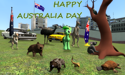 Size: 1131x681 | Tagged: safe, artist:didgereethebrony, oc, oc:didgeree, bird, cockatoo, echidna, emu, kangaroo, koala, pegasus, platypus, pony, wallaby, wombat, 3d, australia day 2022, australian flag, ford, ford falcon, ford falcon gh-ho phase iii, frilled neck lizard, gmod, gmod construct, holden, hsv, hsv gts