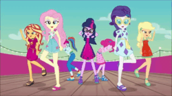 Size: 720x404 | Tagged: safe, screencap, applejack, fluttershy, pinkie pie, rainbow dash, rarity, sci-twi, sunset shimmer, twilight sparkle, equestria girls, equestria girls series, g4, i'm on a yacht, spoiler:eqg series (season 2), animated, bare shoulders, clothes, cruise outfit, cutie mark accessory, cutie mark hair accessory, dancing, dress, feet, female, front knot midriff, geode of empathy, geode of fauna, geode of shielding, geode of sugar bombs, geode of super speed, geode of super strength, geode of telekinesis, gif, hair accessory, hairpin, humane five, humane seven, humane six, magical geodes, midriff, ponytail, sandals, singing, sleeveless, sunglasses, toes
