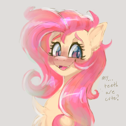 Size: 3500x3500 | Tagged: safe, artist:yumkandie, fluttershy, pegasus, pony, g4, chest fluff, cute, cute little fangs, ear fluff, fangs, freckles, high res, shyabetes, solo