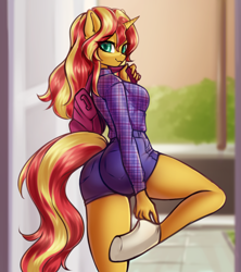 Size: 3112x3500 | Tagged: safe, artist:yutakira92, sunset shimmer, unicorn, anthro, unguligrade anthro, g4, ass, backpack, blurry background, breasts, bunset shimmer, busty sunset shimmer, butt, clothes, colored pupils, explicit source, eye clipping through hair, eyebrows, eyebrows visible through hair, eyelashes, female, high res, horn, implied tail hole, looking at you, looking back, looking back at you, plaid shirt, shirt, shorts, smiling, smiling at you, socks, solo, thighs