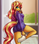 Size: 3112x3500 | Tagged: safe, artist:yutakira92, sunset shimmer, unicorn, anthro, unguligrade anthro, backpack, blurry background, breasts, bunset shimmer, busty sunset shimmer, butt, clothes, colored pupils, explicit source, eye clipping through hair, eyebrows, eyebrows visible through hair, eyelashes, female, horn, looking at you, looking back, looking back at you, plaid shirt, shirt, shorts, smiling, smiling at you, socks, solo, thighs