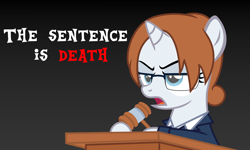 Size: 4250x2550 | Tagged: safe, artist:strategypony, oc, oc only, oc:diamond gavel, pony, unicorn, asdfmovie, clothes, cute, death, dialogue, female, filly, foal, gavel, glasses, gradient background, horn, implied death, implied execution, judge, out of character, podium, pure unfiltered evil, serious, simple background, suit, text, this will end in death, unicorn oc