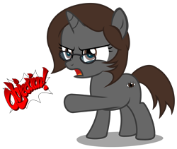 Size: 3690x3110 | Tagged: safe, artist:strategypony, oc, oc only, oc:sonata, pony, unicorn, elements of justice, turnabout storm, ace attorney, angry, female, filly, foal, glasses, high res, horn, objection, open mouth, pointing, simple background, transparent background, unicorn oc
