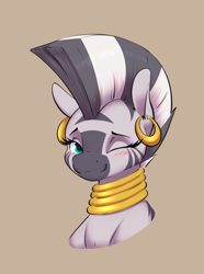 Size: 1743x2337 | Tagged: safe, artist:aquaticvibes, zecora, pony, zebra, blushing, brown background, bust, cute, ear piercing, earring, female, high res, jewelry, looking at you, mare, neck rings, one eye closed, piercing, quadrupedal, simple background, smiling, smiling at you, solo, wink, winking at you, zecorable