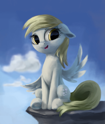 Size: 2555x3015 | Tagged: safe, artist:flusanix, derpy hooves, pegasus, pony, g4, female, floppy ears, high res, mare, open mouth, open smile, sitting, smiling, solo, underhoof