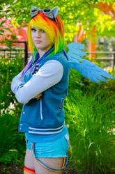 Size: 822x1242 | Tagged: safe, artist:brawny buck, rainbow dash, human, g4, clothes, cosplay, costume, crossed arms, everfree northwest, everfree northwest 2015, goggles, irl, irl human, multicolored hair, photo, rainbow hair