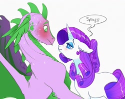 Size: 2942x2338 | Tagged: safe, artist:opalacorn, rarity, spike, dragon, pony, g4, duo, female, flustered, high res, male, older, older spike, personal space invasion, redraw, ship:sparity, shipping, straight, sweat, winged spike, wings