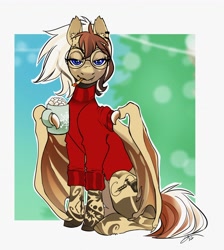 Size: 3668x4096 | Tagged: safe, artist:opalacorn, oc, oc only, bat pony, pony, clothes, cup, ear piercing, food, glasses, marshmallow, piercing, solo, sweater, wing hold, wings