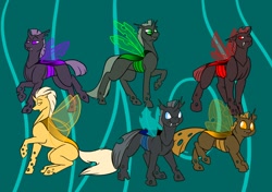 Size: 1280x900 | Tagged: safe, artist:foxenawolf, oc, changeling, fanfic:conversations in a canterlot café, blue changeling, fanfic art, green changeling, orange changeling, purple changeling, red changeling, yellow changeling