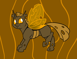 Size: 1000x773 | Tagged: safe, artist:foxenawolf, oc, changeling, fanfic:conversations in a canterlot café, holes, horn, orange changeling, smiling, wings