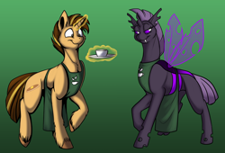 Size: 1000x678 | Tagged: safe, artist:foxenawolf, oc, oc only, oc:frothy brew, oc:mixitkl, changeling, pony, unicorn, fanfic:conversations in a canterlot café, apron, clothes, duo, purple changeling