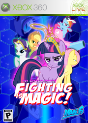 Size: 720x1008 | Tagged: safe, artist:rorycon, applejack, fluttershy, nightmare moon, pinkie pie, rainbow dash, rarity, twilight sparkle, pony, unicorn, fighting is magic, g4, big crown thingy, cover art, element of magic, female, jewelry, lasso, mane six, party cannon, regalia, rope, unicorn twilight, xbox 360