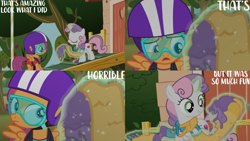 Size: 1280x720 | Tagged: safe, edit, edited screencap, editor:quoterific, screencap, scootaloo, sweetie belle, pegasus, pony, unicorn, g4, my little pony: friendship is magic, on your marks, season 6, clubhouse, crusaders clubhouse, eyes closed, female, filly, foal, goggles, helmet, magic, open mouth, smiling, telekinesis