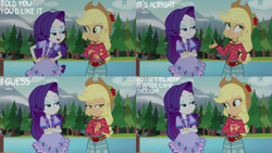 Size: 1280x720 | Tagged: safe, edit, edited screencap, editor:quoterific, screencap, applejack, rarity, equestria girls, g4, my little pony equestria girls: legend of everfree, applejack's hat, cowboy hat, duo, duo female, female, forest, hat, lake, open mouth, open smile, pier, smiling