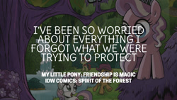 Size: 1280x720 | Tagged: safe, edit, editor:quoterific, idw, apple bloom, diamond tiara, scootaloo, sweetie belle, earth pony, pegasus, pony, unicorn, g4, my little pony: spirit of the forest, spoiler:comic, apple bloom's bow, bow, cutie mark crusaders, female, filly, foal, hair bow, open mouth, open smile, smiling, text, tree